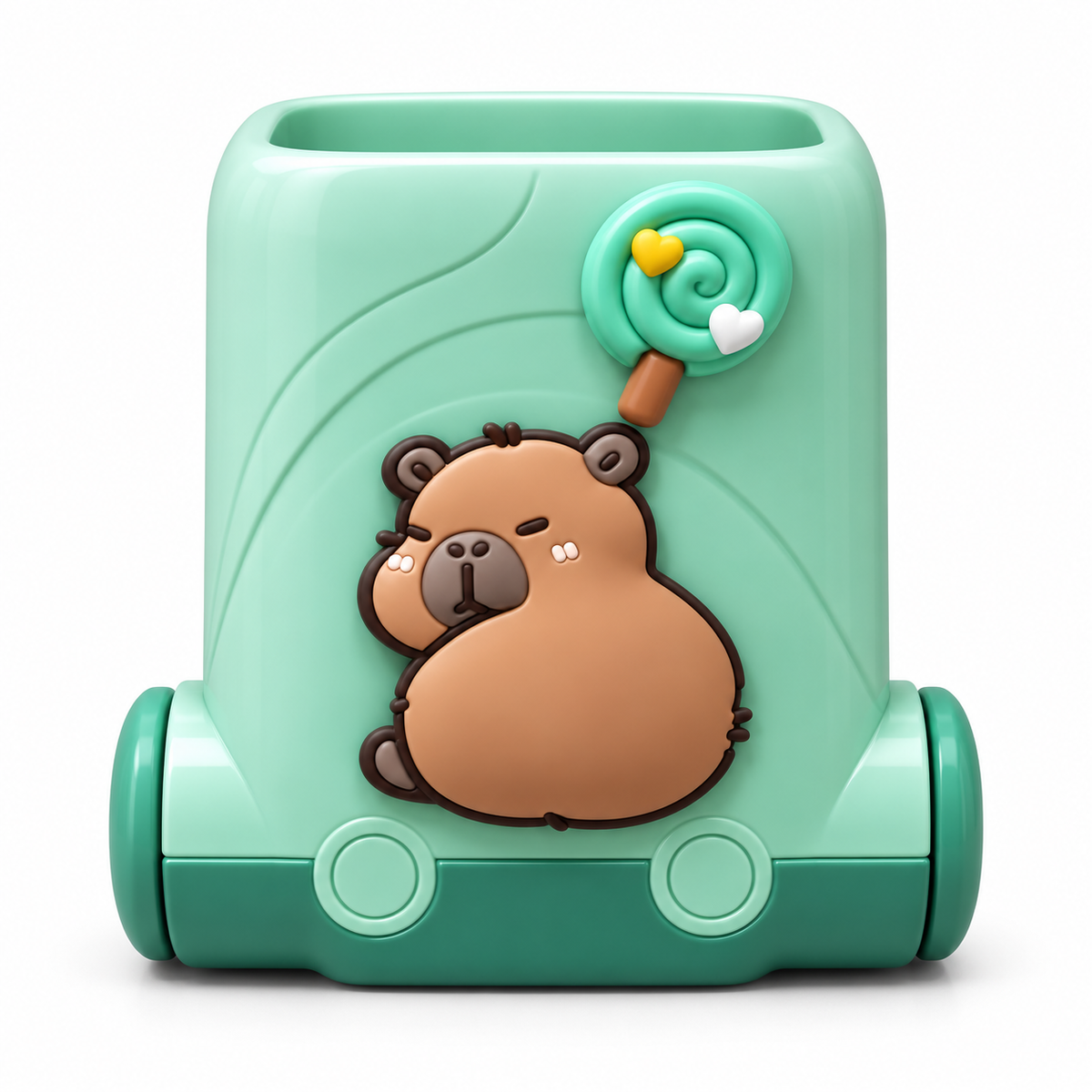 Cute Pen Stand for Kids – Cart Design Pencil Holder with 3D Cartoon Charm, Square Desk Organizer for Pens, Pencils & Stationery | Kawaii Study Table Accessory for Girls & Boys | Return Gift (Purple / Pink / Green Capybara)