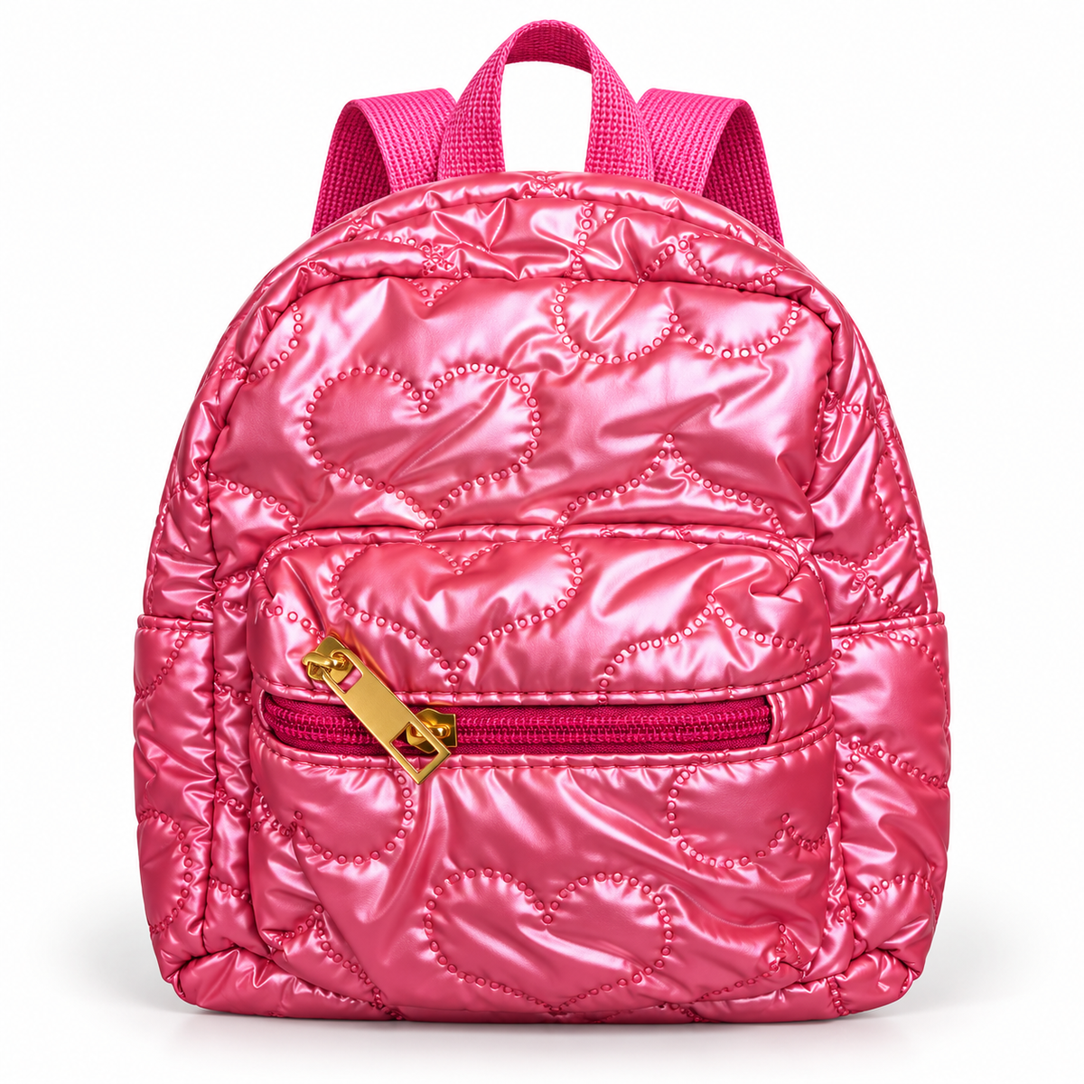 Mini Backpack for Girls, Metallic Quilted Heart Puffer Backpack, Small Kids Travel Bag with Front Zip Pocket, Cute Toddler Backpack for School, Playschool & Outings (Purple/Pink/Rose/Silver)