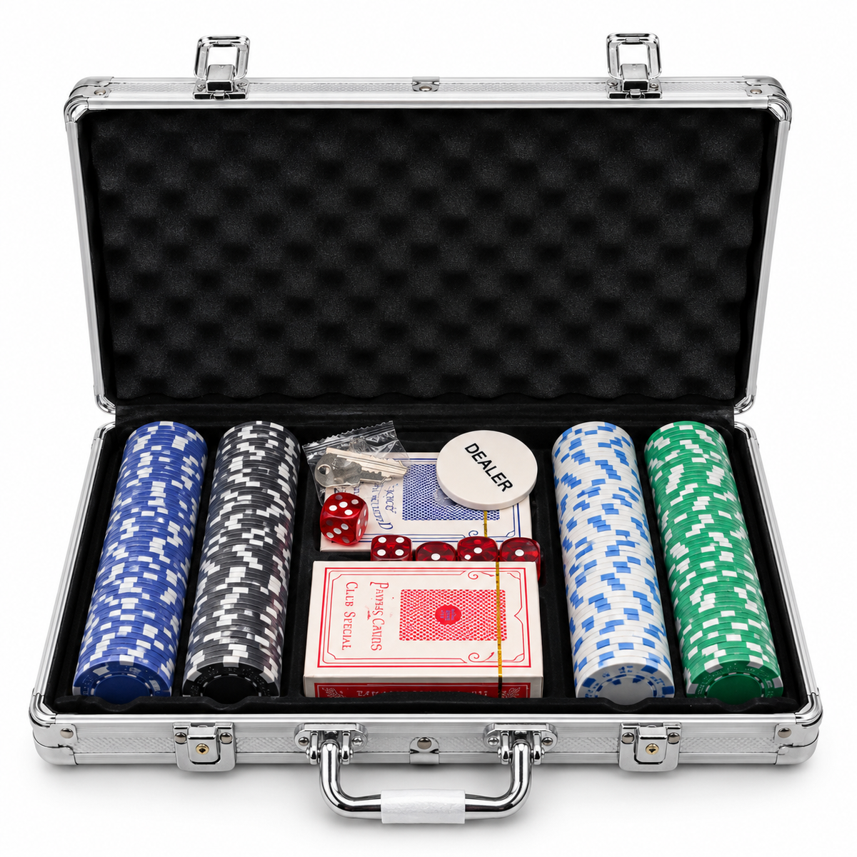 200 Chips Poker Set with Aluminium Case, 2 Card Decks, Dice & Dealer Button