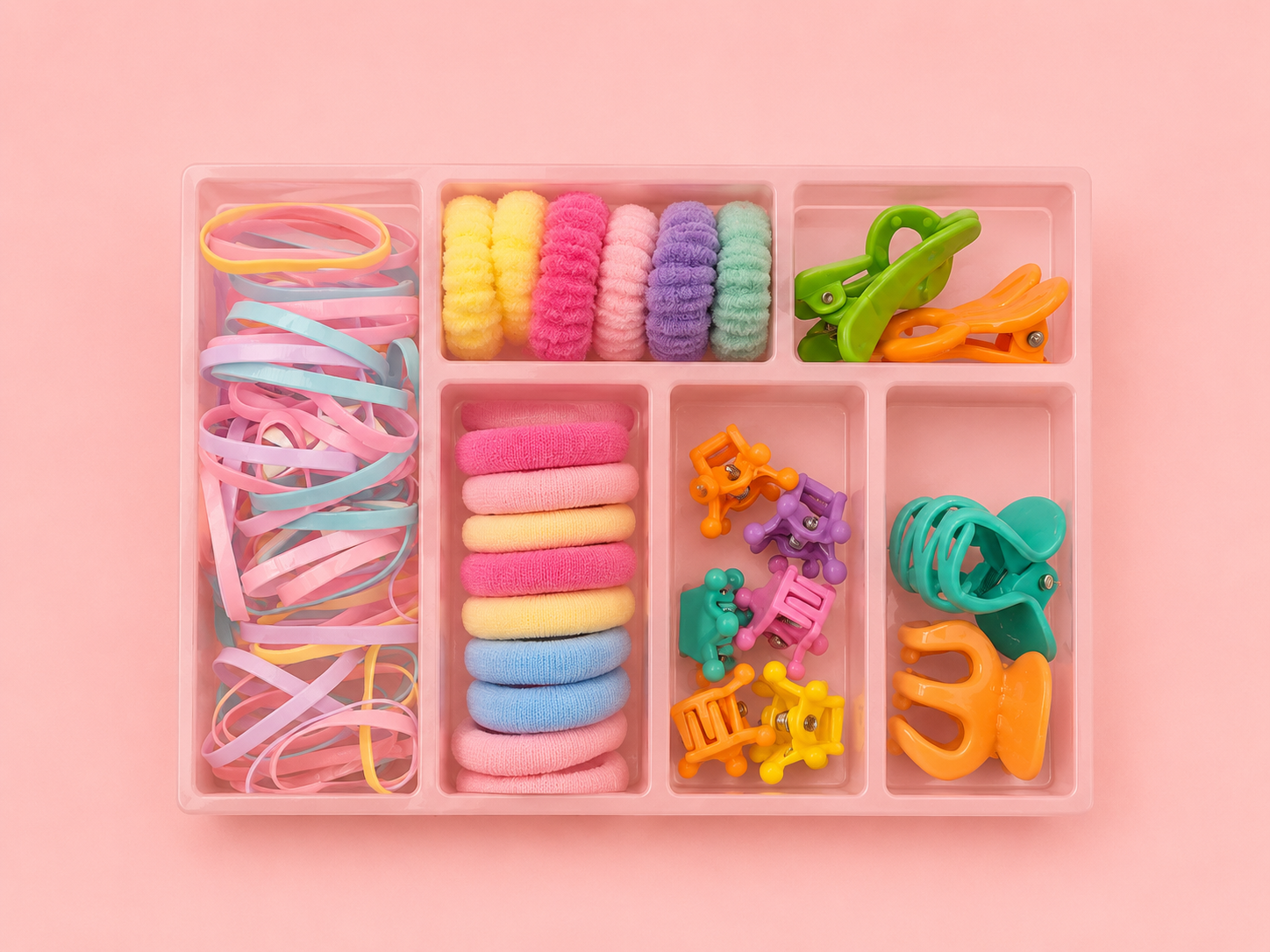 Kids Hair Accessories Combo Set – 5-in-1 Gift Box with Rubber Bands, Soft Elastics, Fluffy Scrunchies, Mini Claw Clips & Duck Clips | 50+ Pieces | Multicolour | Girls Age 3+ | Birthday Gift