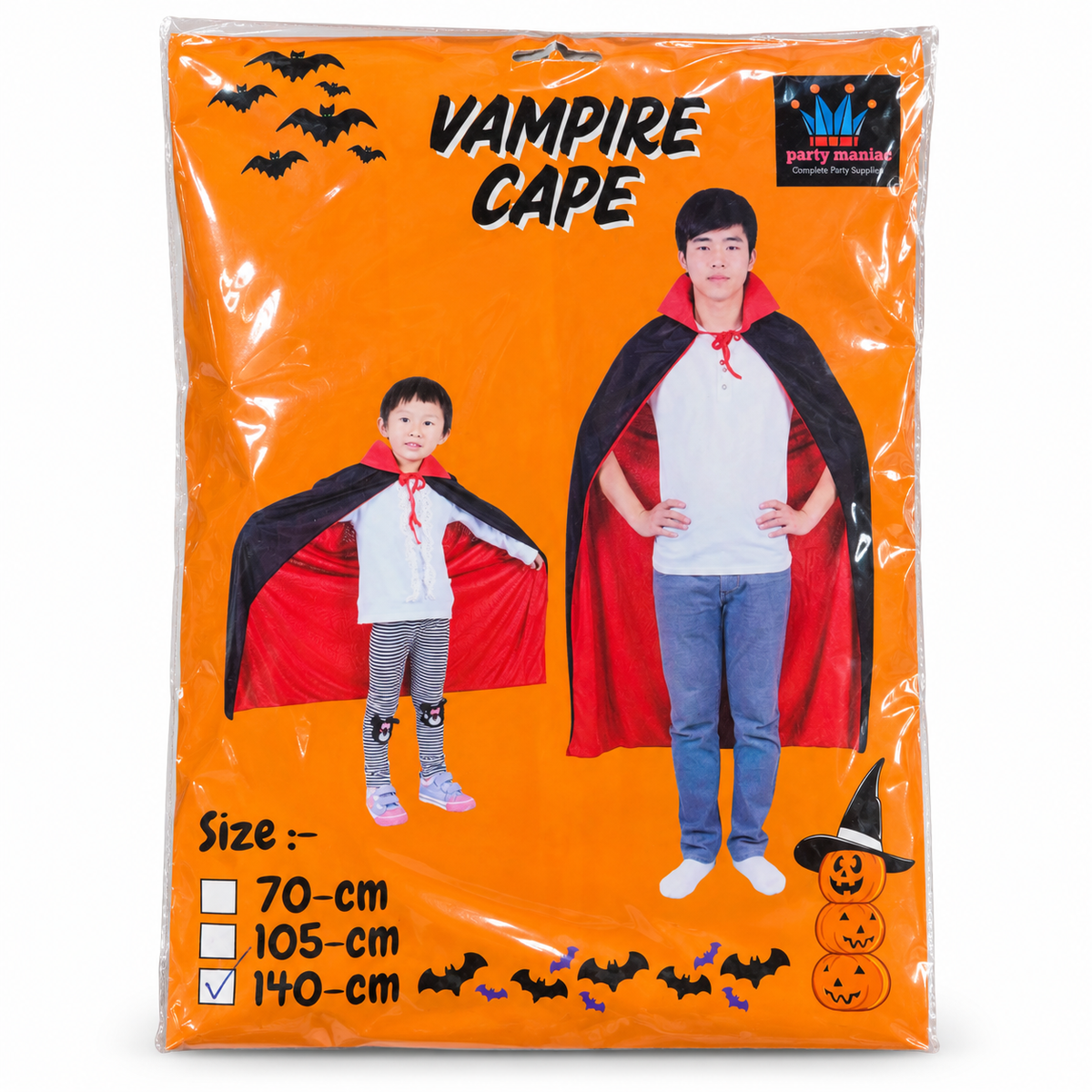 Party Maniac Vampire Cape – Black & Red Halloween Cape with Stand-Up Collar for Kids & Adults | Dracula Costume Cloak for Halloween Party, Fancy Dress & Cosplay
