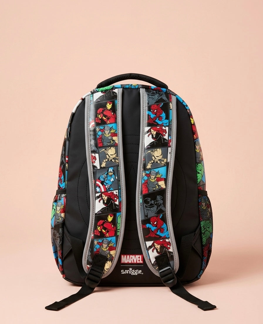 Marvel Avengers Kids School Backpack – 3D Hero Badge Panel, Comic Strip All-Over Print & Rubber Marvel Logo, Multi-Compartment Bag for Boys Ages 5+, Black/Multi