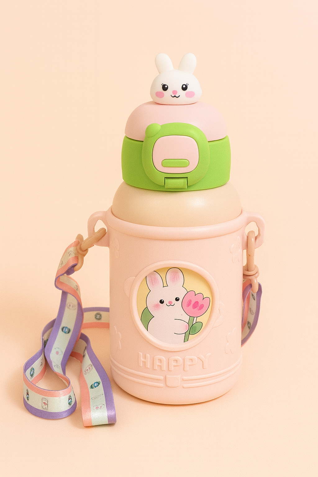Happy Bunny Kids Water Bottle with Carry Strap | Spill-Proof Flip-Lid Bottle with 3D Bunny Cap & Insulated Body | Cute Cartoon Drinking Bottle for School, Travel & Outdoor Play (Peach Pink)