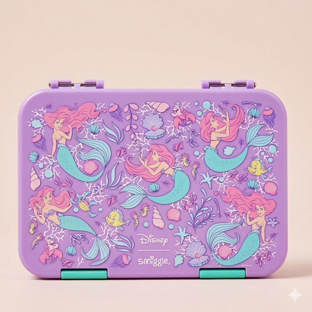 Little Mermaid Kids Hard Shell Lunch Box – Raised 3D Emboss Ariel & Underwater Kingdom Print, Multi-Section Tiffin with Secure Clip Locks, Girls Ages 3+, Lavender/Mint