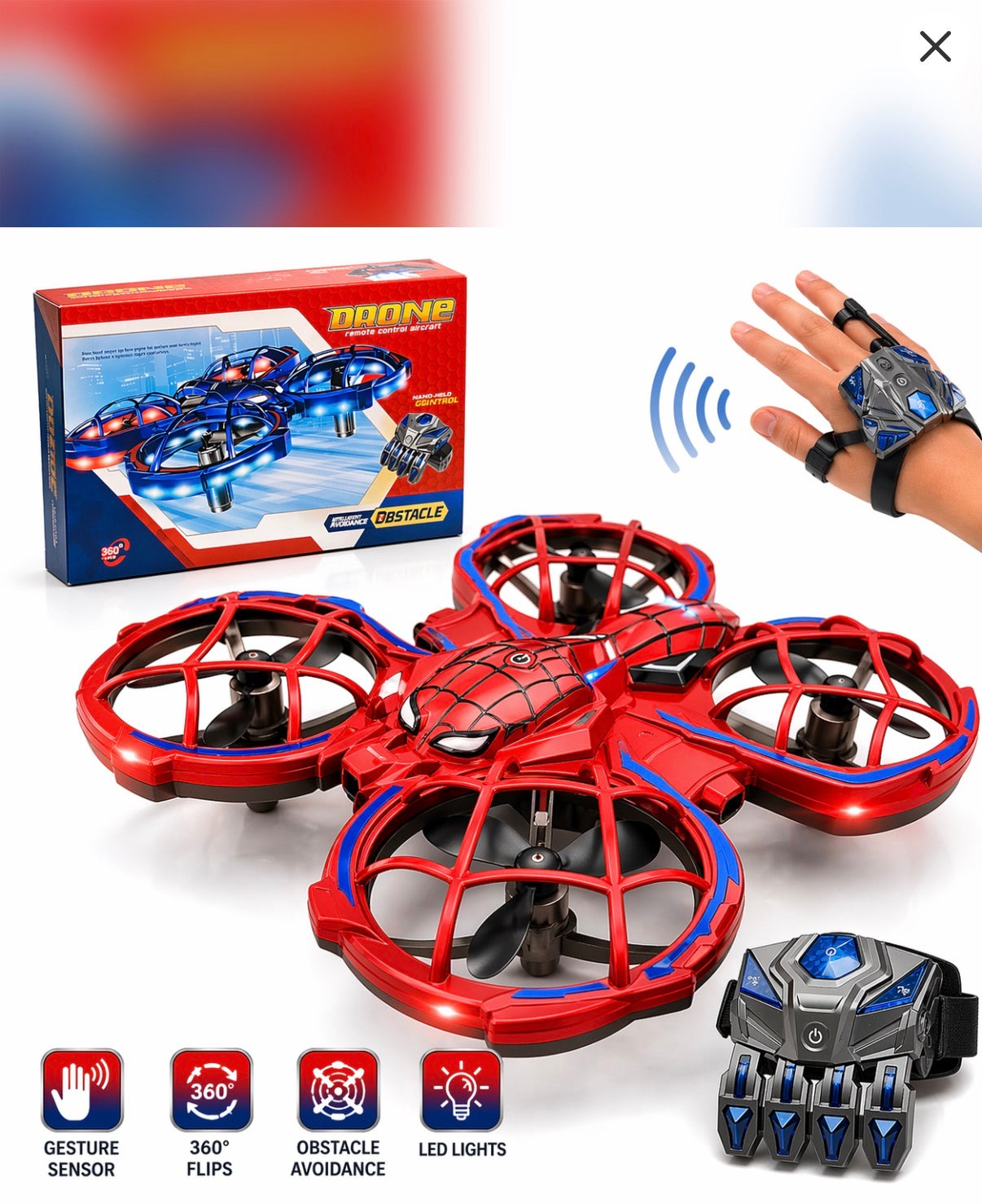 Hand Gesture Control Drone for Kids – Red Web Pattern Mini Drone with Wrist Controller | 360° Flips | Obstacle Avoidance | LED Lights | 3 Speed Modes | One-Key Takeoff & Landing | Age 8+ | Birthday Gift