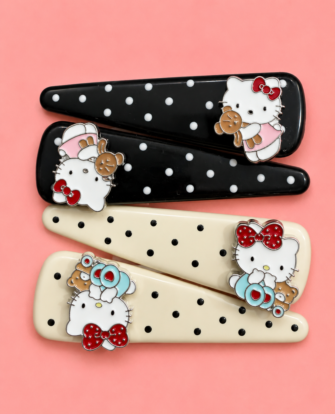 Hello kitty  Charm Hair Clips for Girls – Polka Dot Snap Clip Set of 4 | Enamel Metal Charm Detail | No-Slip Snap Closure | Kids Hair Accessories for Toddlers & Girls Age 3+ | School & Birthday Gift