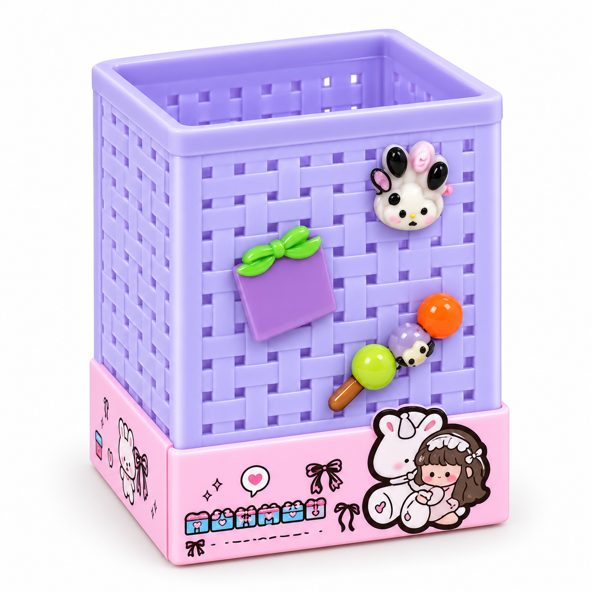 Cute Basket Weave Pencil Holder for Kids – Square Pen Stand with 3D Kawaii Charms & Printed Base, Desk Organizer for Pens, Pencils, Markers & Brushes – Stationery Storage for Study Table & Kids' Room