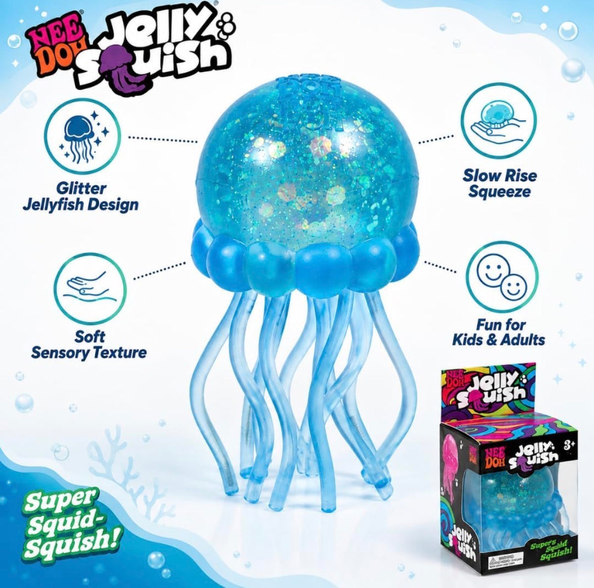 NeeDoh Jelly Squish Glitter Jellyfish Squishy, Slow Rise Stress Ball in 3 Colours