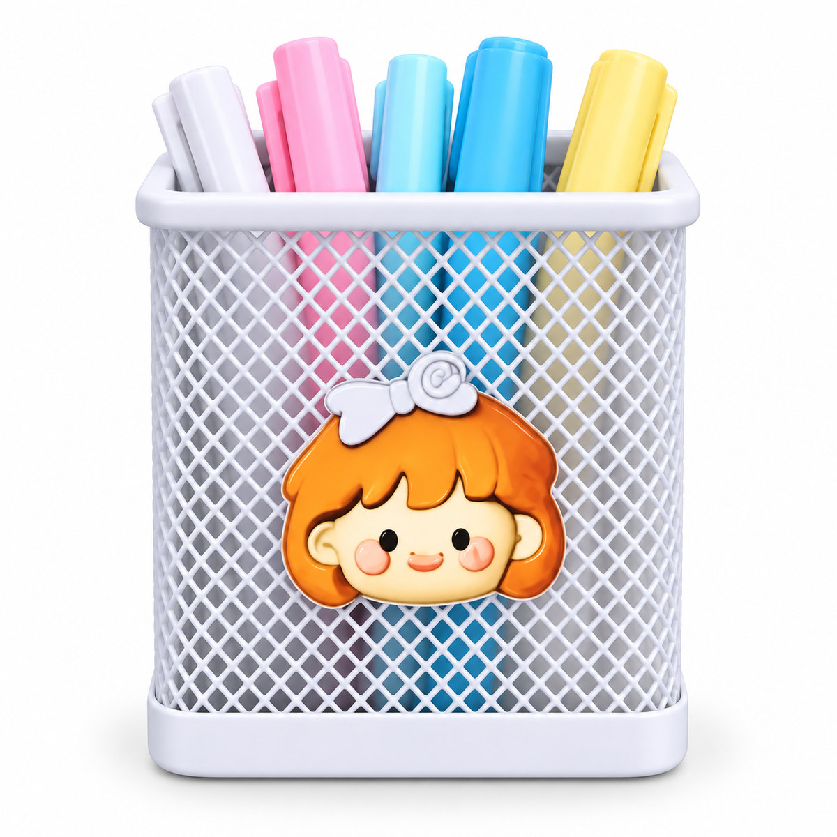 Mesh Pen Holder for Kids – Square Pencil Stand with Cute 3D Cartoon Charm, Desk Organizer for Pens, Pencils, Markers & Brushes – Stationery Storage for Study Table, Office & Kids' Room