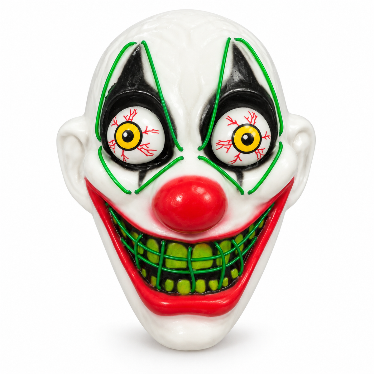 Scary clown Halloween mask with green glowing lines and red nose on white background
Clown mask glowing neon green in the dark at a Halloween party
Close-up of bulging bloodshot eyes and green glowing lines on clown mask
Person wearing glowing scary clown mask at a night party