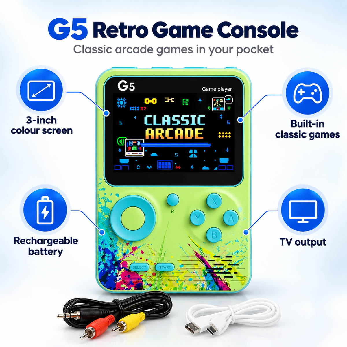 G5 Retro Handheld Game Console for Kids and Adults, 3-inch Colour Screen Portable Video Game Player with Built-in Classic Games, Joystick & ABXY Buttons, Rechargeable, AV TV Output, Gift for Boys & Girls (Blue/Green)