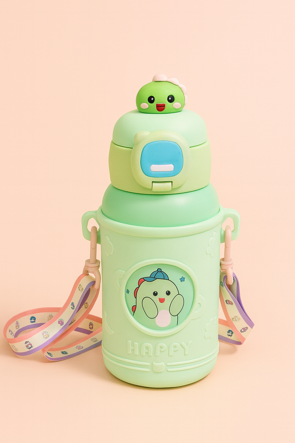 Happy Bunny Kids Water Bottle with Carry Strap | Spill-Proof Flip-Lid Bottle with 3D Bunny Cap & Insulated Body | Cute Cartoon Drinking Bottle for School, Travel & Outdoor Play (Peach Pink)