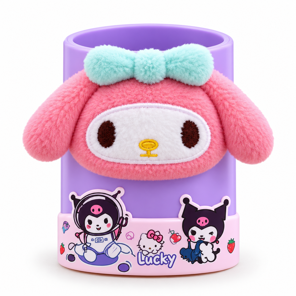 Plush Pencil Holder for Kids – Cute Round Pen Stand with Soft 3D Plush Face & Printed Base, Desk Organizer for Pens, Pencils & Markers – Kawaii Stationery for Study Table & Kids' Room