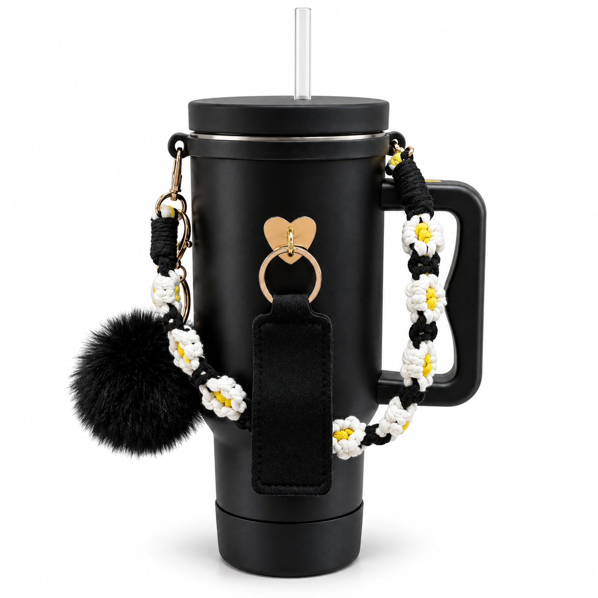 Tumbler Charm Accessories with Handle, Daisy Flower Macrame Strap, Pom Pom Charm & Heart Keychain, Cute Tumbler Decoration for 40oz Tumblers with Handle, Gift for Women & Girls (White/Blue/Pink/Black)