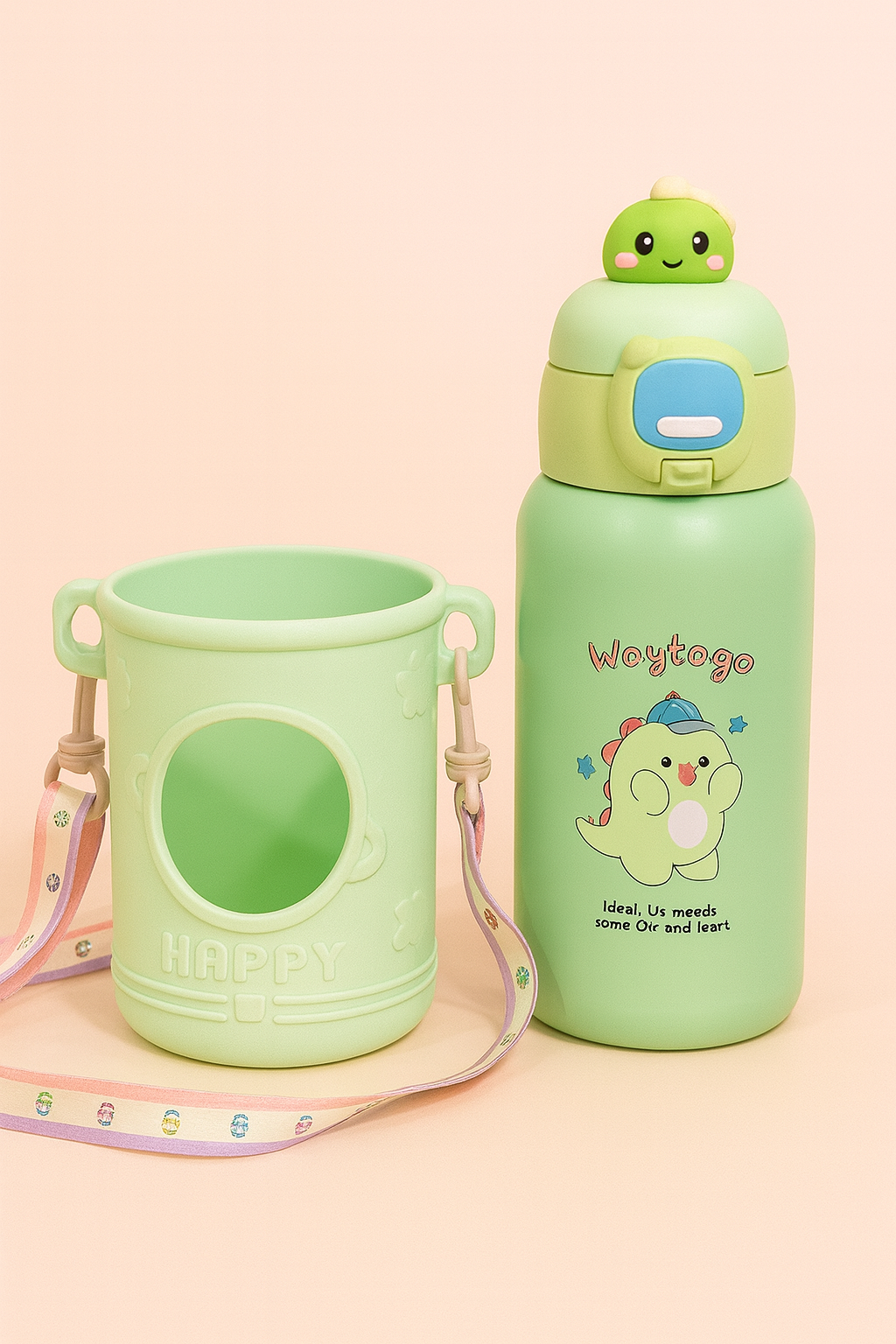 Happy Bunny Kids Water Bottle with Carry Strap | Spill-Proof Flip-Lid Bottle with 3D Bunny Cap & Insulated Body | Cute Cartoon Drinking Bottle for School, Travel & Outdoor Play (Peach Pink)