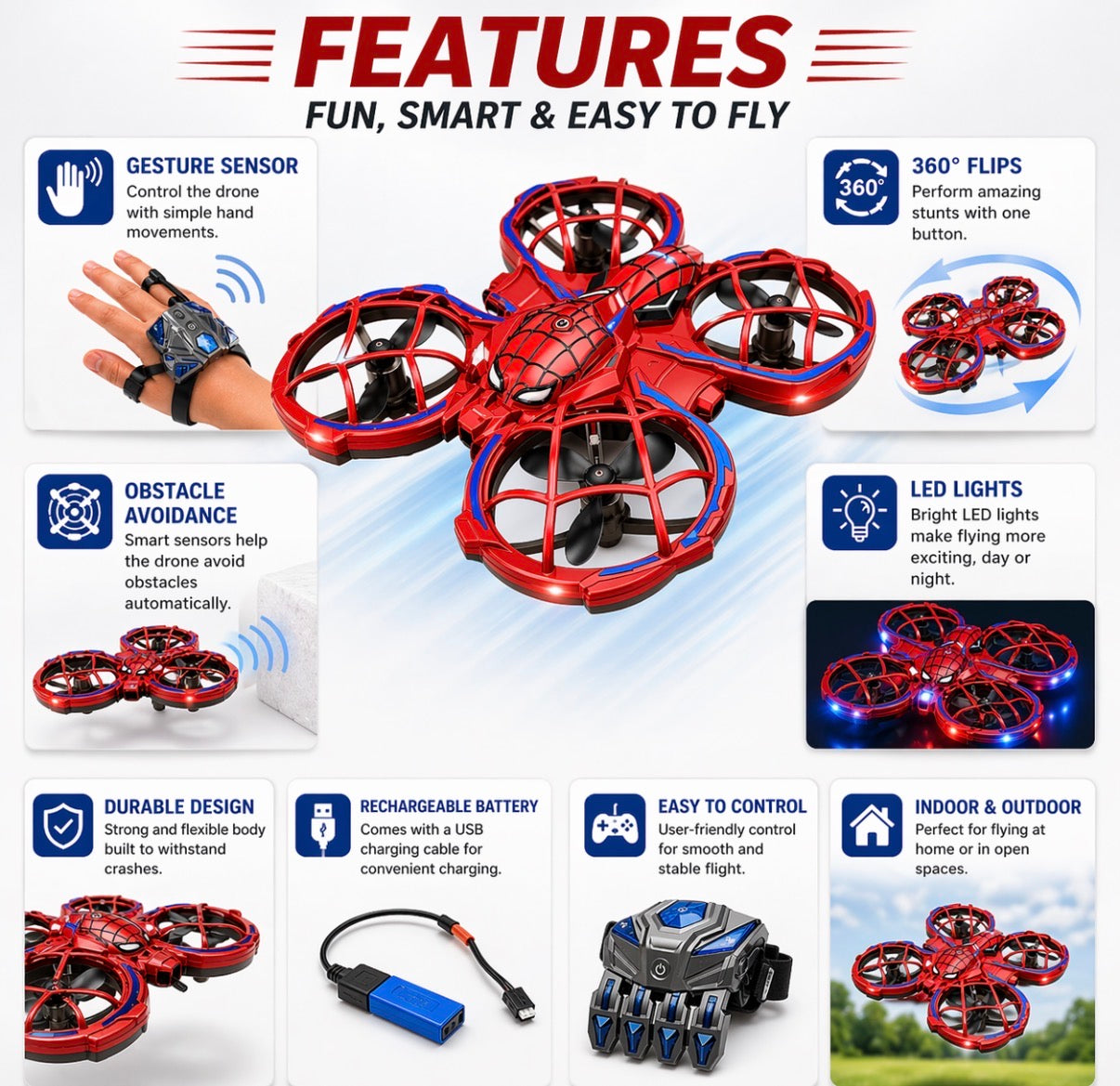 Hand Gesture Control Drone for Kids – Red Web Pattern Mini Drone with Wrist Controller | 360° Flips | Obstacle Avoidance | LED Lights | 3 Speed Modes | One-Key Takeoff & Landing | Age 8+ | Birthday Gift