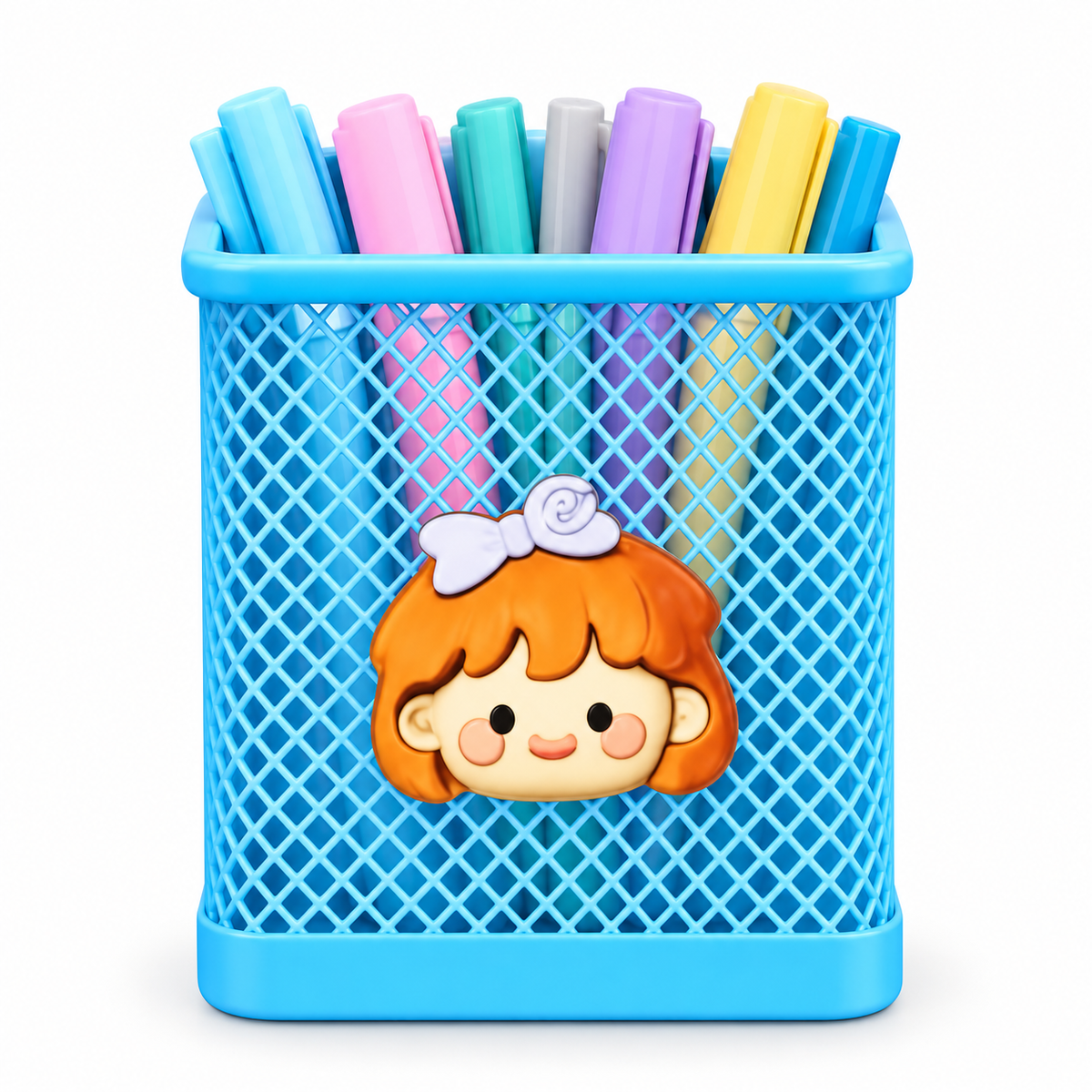 Mesh Pen Holder for Kids – Square Pencil Stand with Cute 3D Cartoon Charm, Desk Organizer for Pens, Pencils, Markers & Brushes – Stationery Storage for Study Table, Office & Kids' Room
