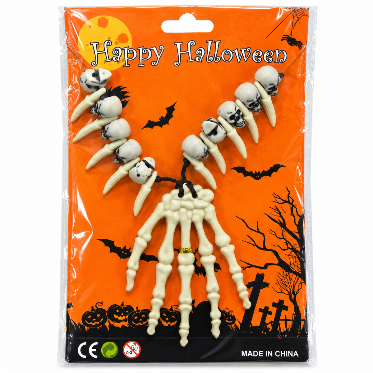 Halloween Skull & Skeleton Hand Necklace – Tribal Bone Necklace with Mini Skulls, Fangs & Skeleton Hand Pendant | Costume Jewellery for Witch Doctor, Pirate, Zombie & Voodoo Halloween Costumes