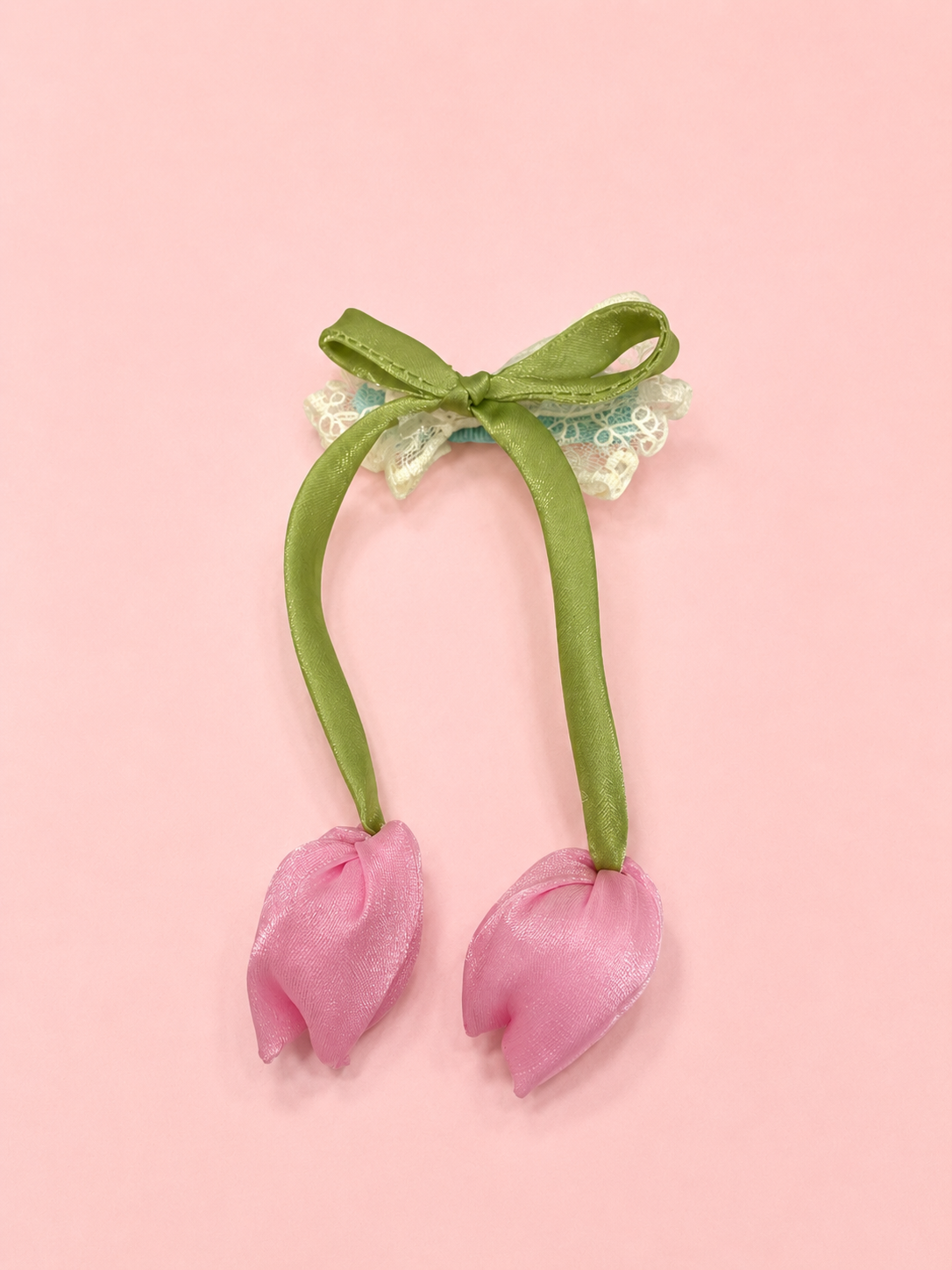 Double Tulip Hair Tie for Girls – Satin Flower Elastic Hair Band with Long Green Stem & Lace Bow | Padded Soft Interior | Pink, Purple & Blue | Kids & Teen Hair Accessories | Birthday & Festive Gift