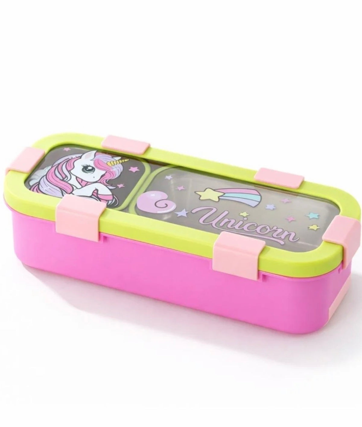 Pink unicorn kids lunch box with 2 compartments and 4-side lock