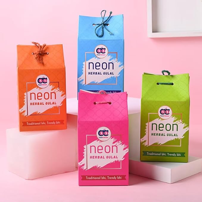 Coco Colours Neon Herbal Gulal Gift Pack | Skin-Safe, Herbal Holi Colours (Pack of 4) | Bright Neon Shades | Premium Festive Box