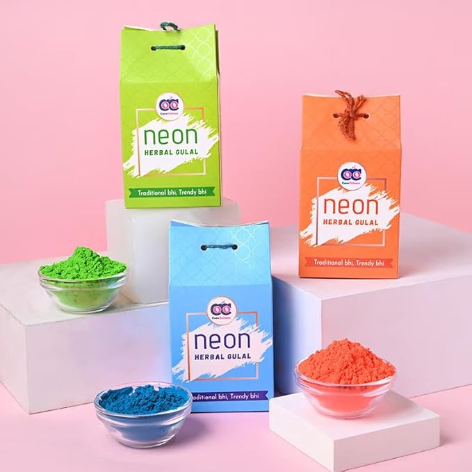 Coco Colours Neon Herbal Gulal Gift Pack | Skin-Safe, Herbal Holi Colours (Pack of 4) | Bright Neon Shades | Premium Festive Box