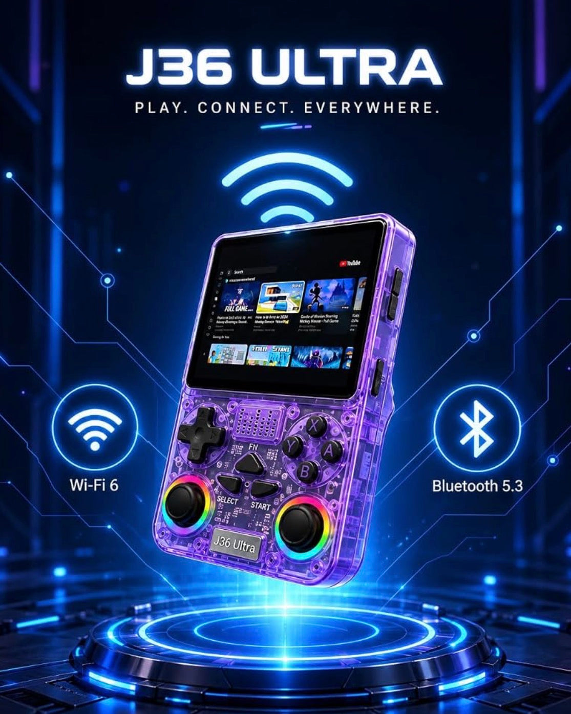 J36 Ultra Handheld Game Console – [X]-inch IPS Screen, Wi-Fi & Bluetooth, Dual Joysticks with RGB Lighting, [XXXX]mAh Rechargeable Battery, Portable Retro-Style Gaming Device – Transparent Purple