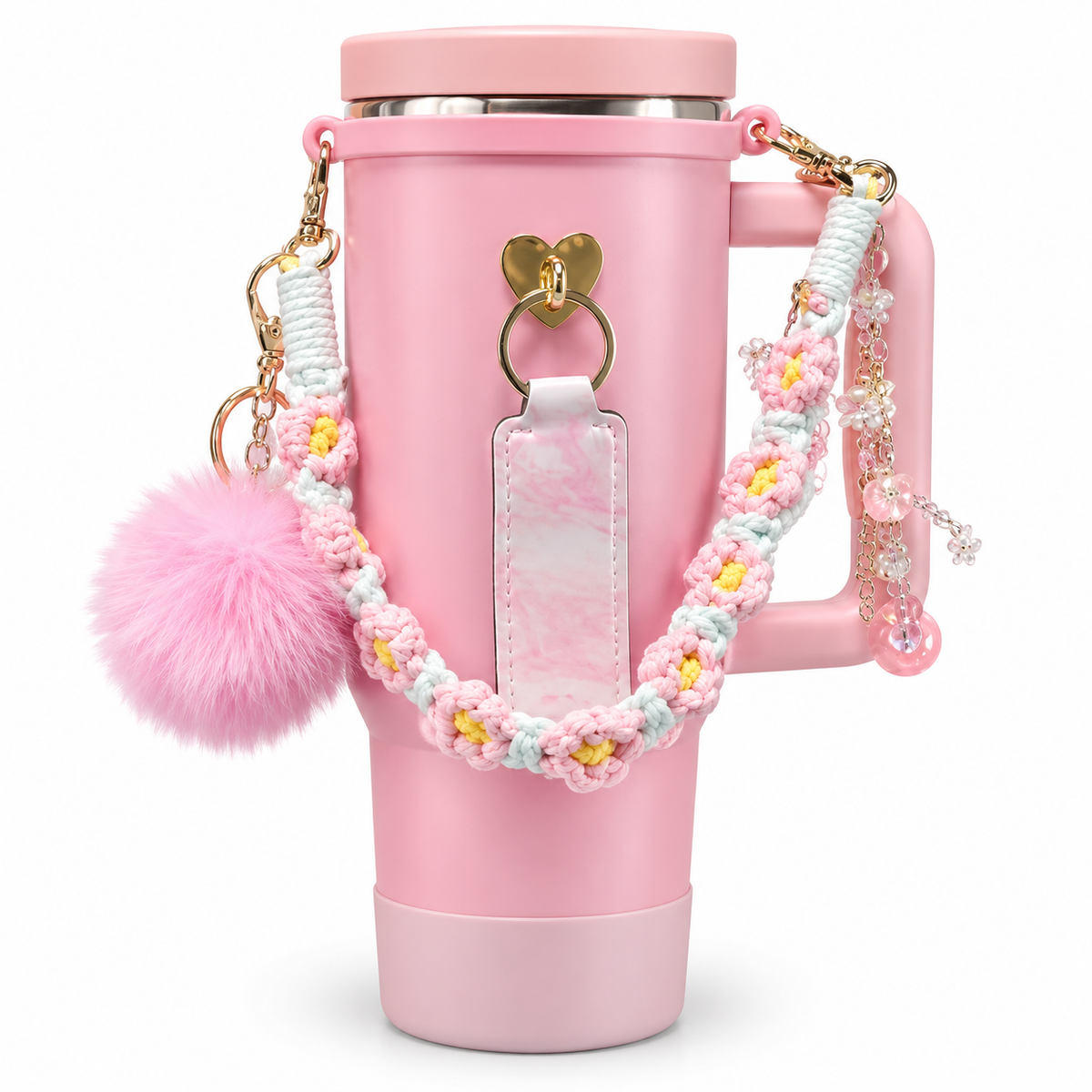 Tumbler Charm Accessories with Handle, Daisy Flower Macrame Strap, Pom Pom Charm & Heart Keychain, Cute Tumbler Decoration for 40oz Tumblers with Handle, Gift for Women & Girls (White/Blue/Pink/Black)
