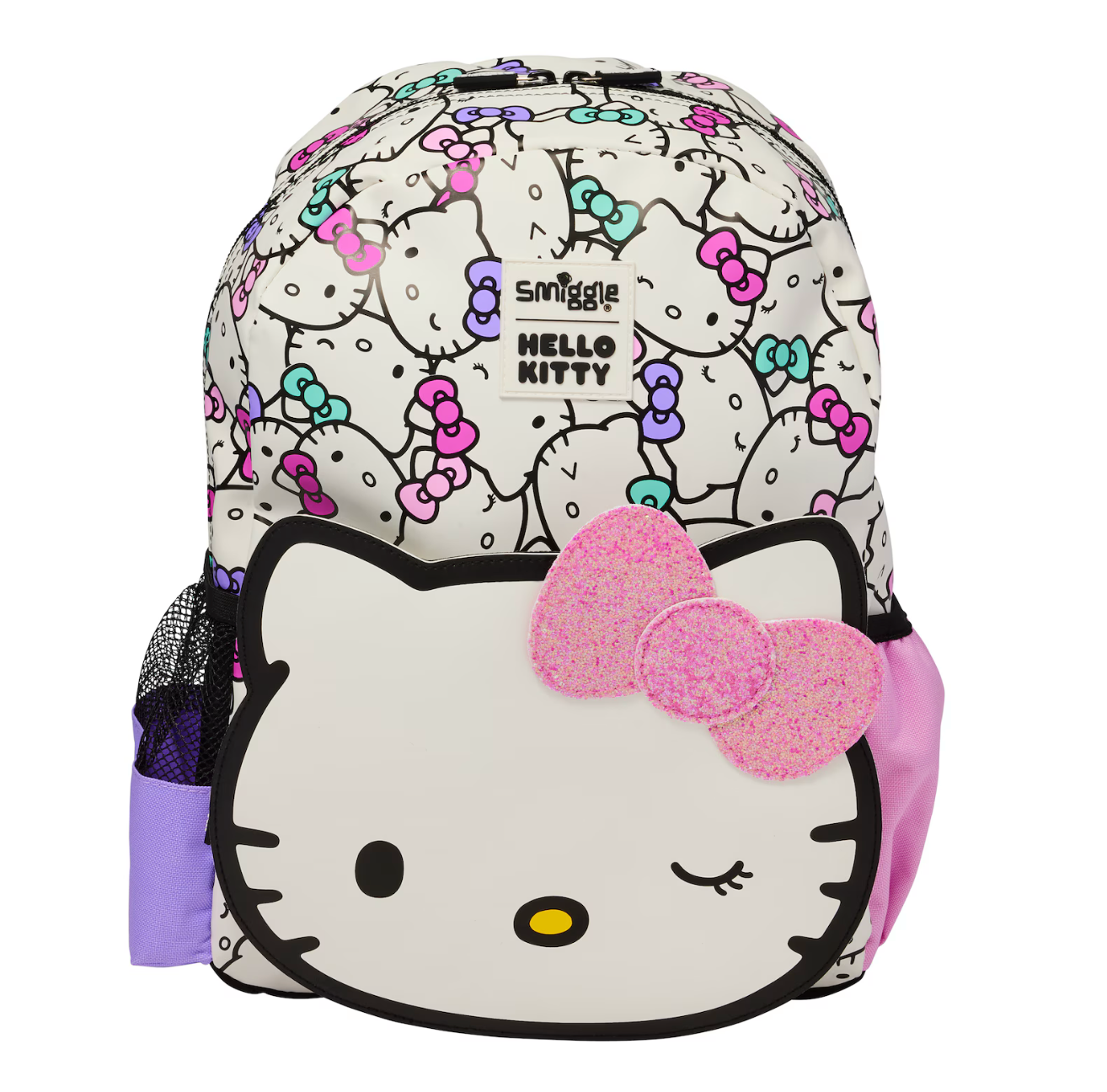 Hello Kitty Smiggle Kids School Backpack – Giant Winking Face Front Pocket, 3D Glitter Bow, Rainbow Bow All-Over Print & Pastel Side Panels, Girls Ages 3+, Cream/Pink/Lavender