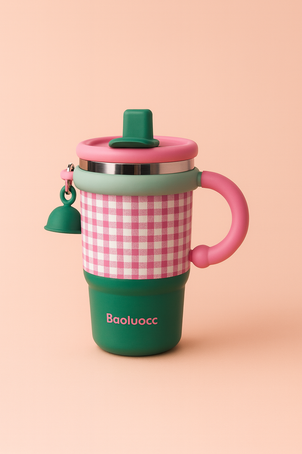 Baoluocc Kids Sipper Bottle with Handle | Cute Gingham Design, Spill-Proof Lid, Straw Spout & Bell Charm | Insulated, BPA-Free Water Bottle for School & Travel