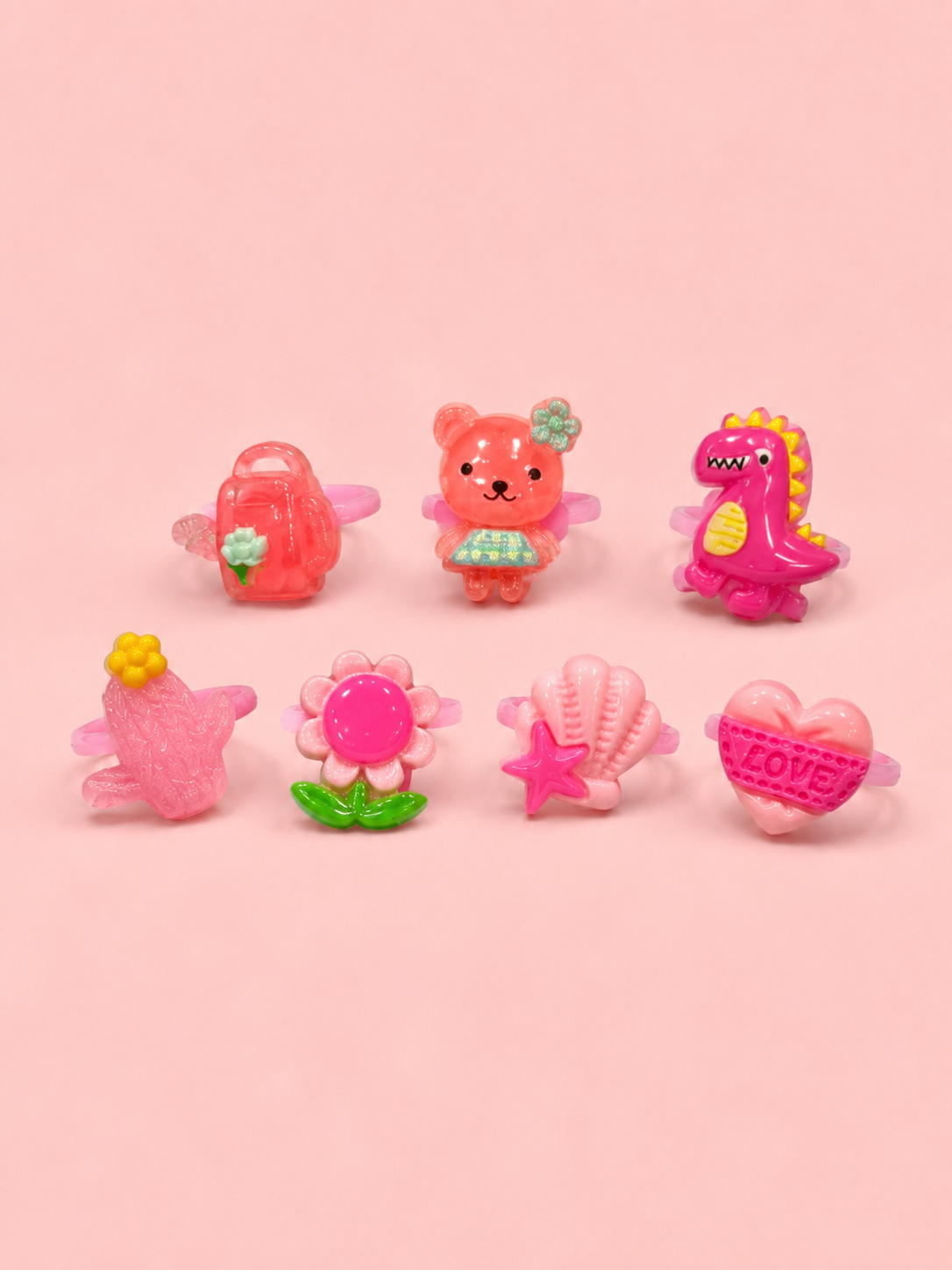 Kids Cartoon Rings Set – 36 Cute 3D Character Rings in Pink Heart Display Box | Adjustable Resin Rings for Girls | Animals, Flowers & More | Kids Jewellery Age 3+ | Birthday & Return Gift