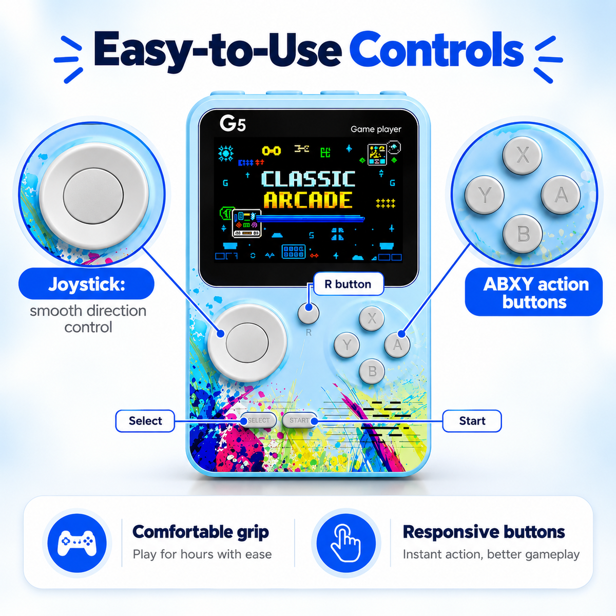 G5 Retro Handheld Game Console for Kids and Adults, 3-inch Colour Screen Portable Video Game Player with Built-in Classic Games, Joystick & ABXY Buttons, Rechargeable, AV TV Output, Gift for Boys & Girls (Blue/Green)
