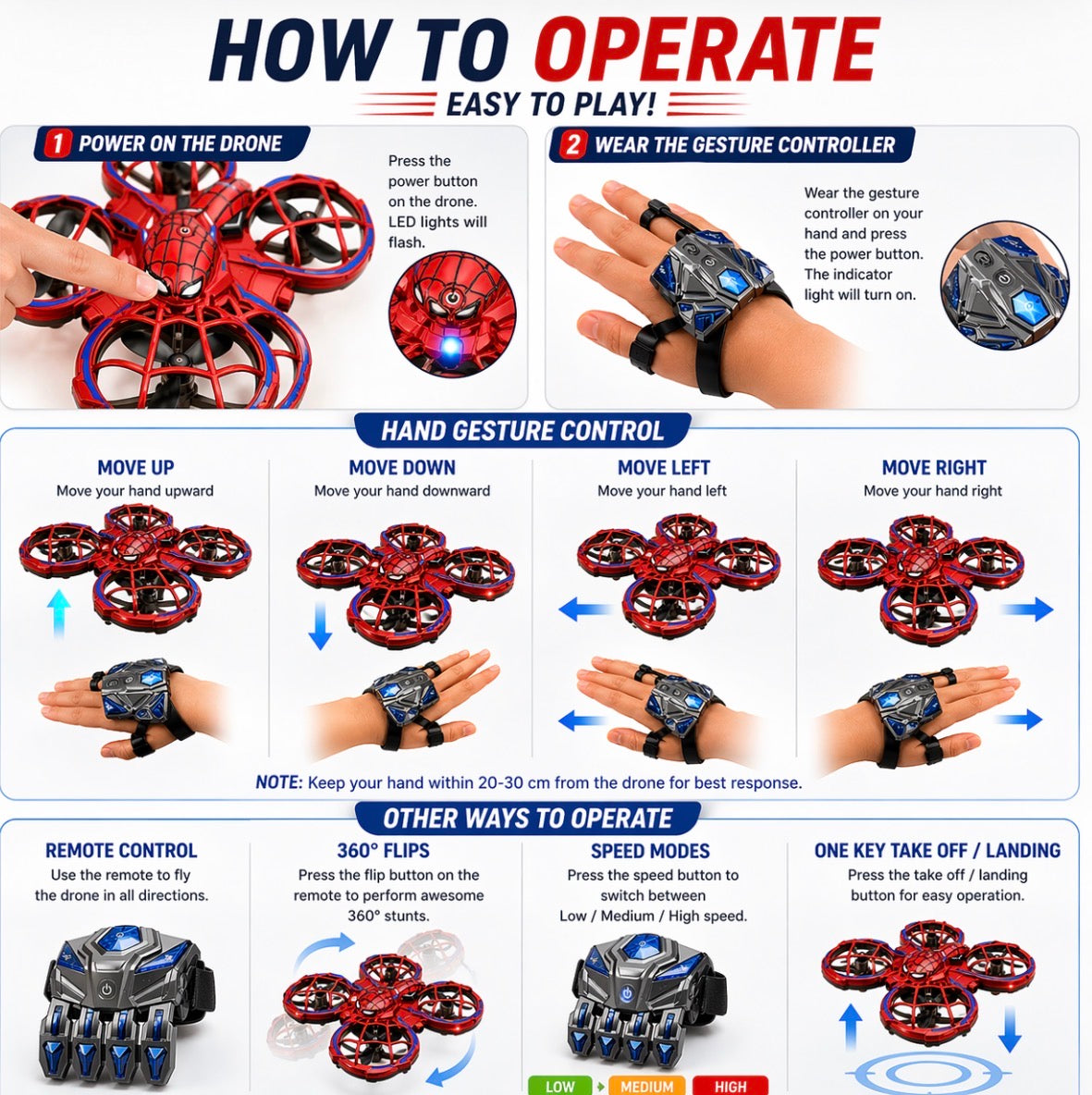 Hand Gesture Control Drone for Kids – Red Web Pattern Mini Drone with Wrist Controller | 360° Flips | Obstacle Avoidance | LED Lights | 3 Speed Modes | One-Key Takeoff & Landing | Age 8+ | Birthday Gift