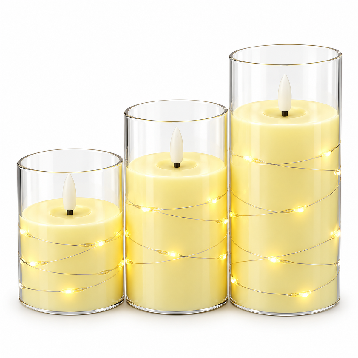 LED Pillar Candles Set of 3 with Fairy String Lights, Flameless Candles in Clear Holders
