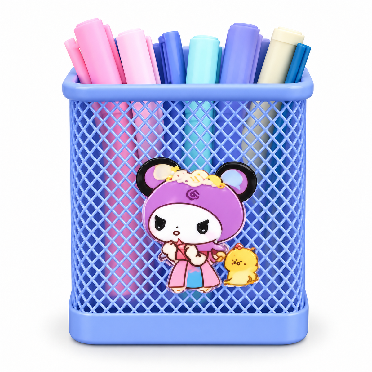 Mesh Pen Holder for Kids – Square Pencil Stand with Cute 3D Cartoon Charm, Desk Organizer for Pens, Pencils, Markers & Brushes – Stationery Storage for Study Table, Office & Kids' Room
