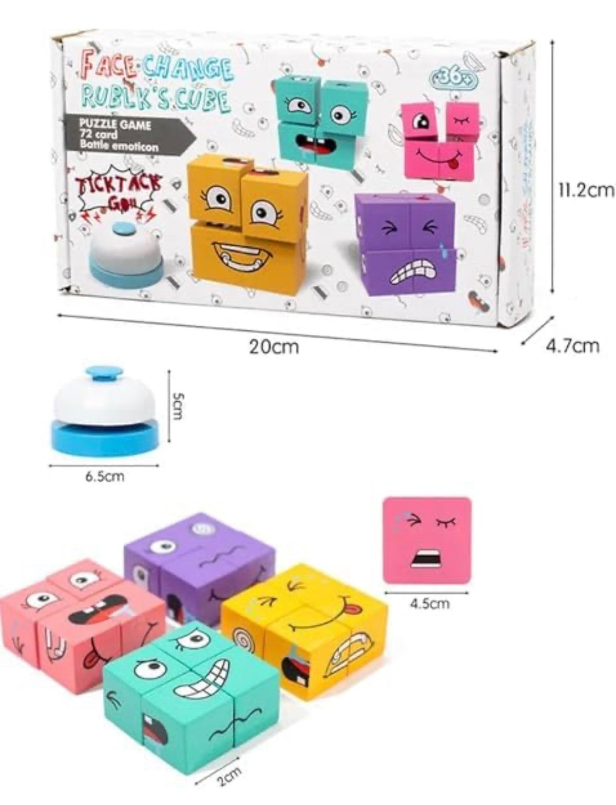 Face Changing Cube Game for Kids with Wooden Blocks, Picture Cards & Bell, Expression Puzzle