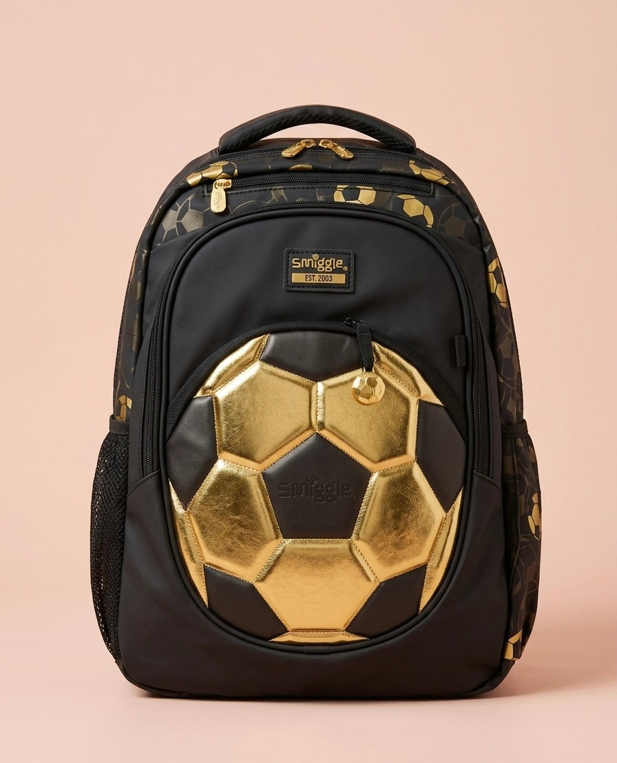 Smiggle Gold Football Kids School Backpack – Raised 3D Metallic Gold Soccer Ball Front Pocket, Gold Hardware & Football All-Over Print, Multi-Compartment Bag for Boys Ages 5+, Black/Gold