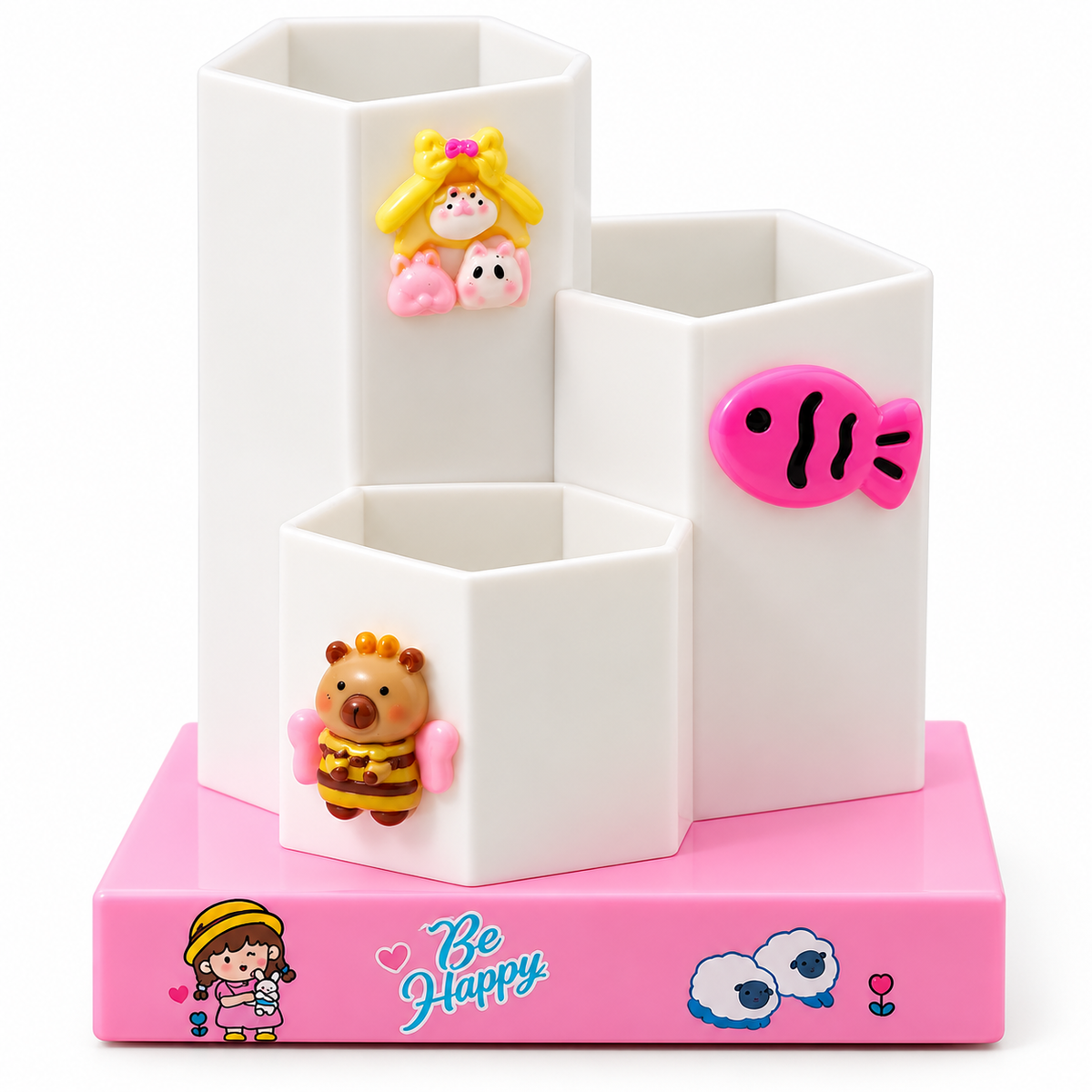 Cute Pencil Stand for Kids – 3-Compartment Hexagon Pen Holder with 3D Cartoon Charms, Desk Organizer for Pens, Pencils, Markers & Stationery – Ideal for School, Study Table & Kids' Room