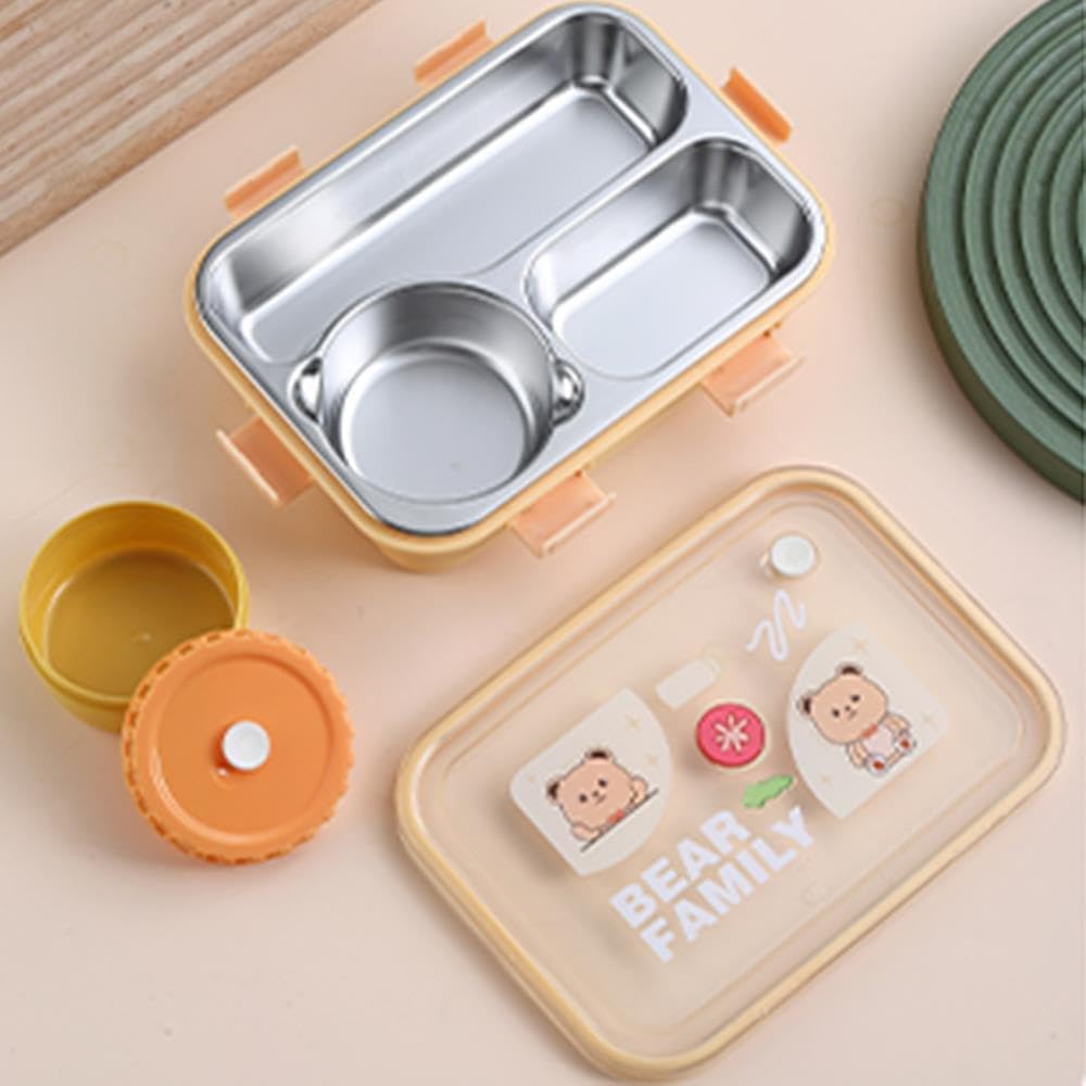 Bear Family 3-Compartment Stainless Steel Lunch Box | Leak-Proof Bento Box with Airtight Sauce Cup