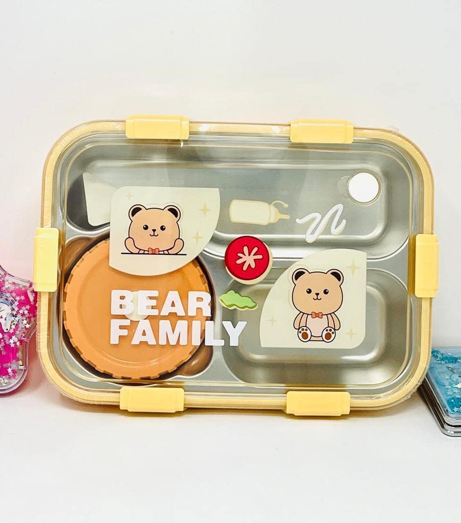 Bear Family 3-Compartment Stainless Steel Lunch Box | Leak-Proof Bento Box with Airtight Sauce Cup