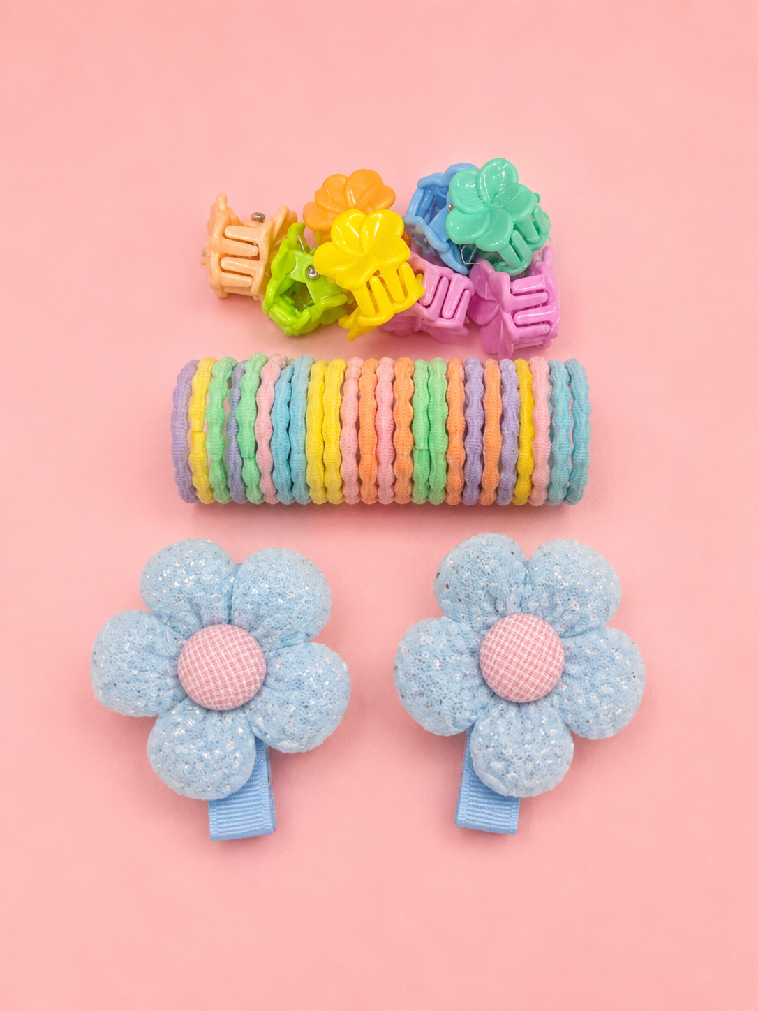 Kids Hair Accessories Set for Girls – 32 Pcs Pastel Combo | 2 Purple Glitter Flower Hair Clips, 10 Mini Claw Clips & 20 Soft Elastic Rubber Bands | Cute Hair Accessories Kit for Baby Girls, Toddlers & Kids – Gift Set