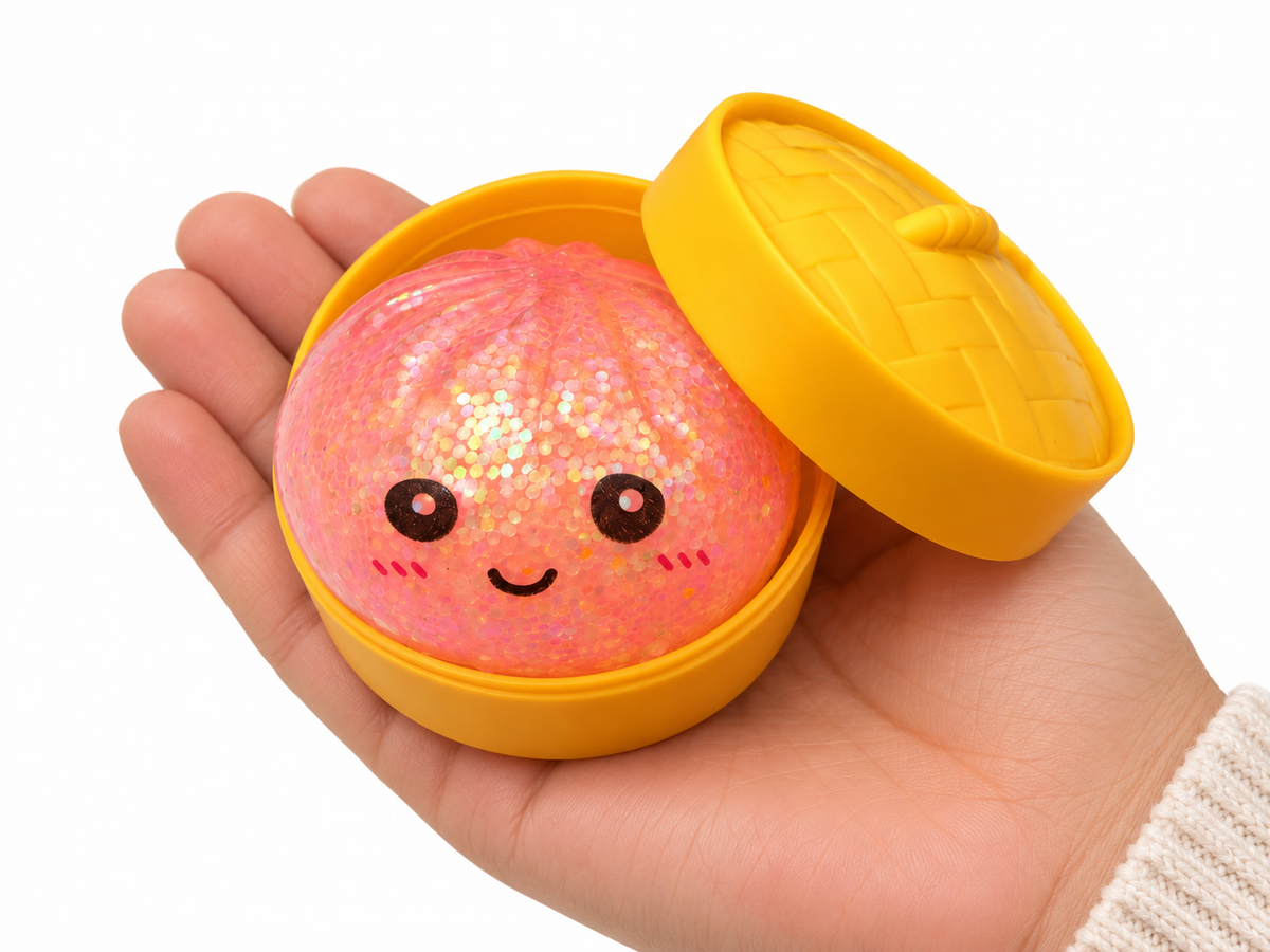 Mini Dumpling Squishy Toy in Steamer Basket, Glitter Stress Relief Fidget Ball