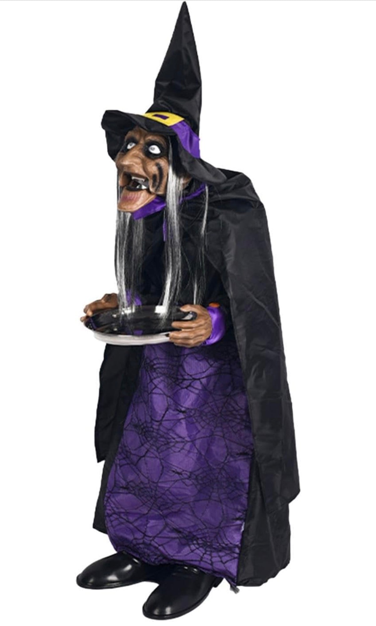 Halloween Animated Witch Candy Bowl Holder – Life-Size Standing Witch with Serving Tray, Laughs & Talks When You Take a Treat | Motion/Touch-Activated Scary Halloween Decoration for Party Entrance & Trick-or-Treat