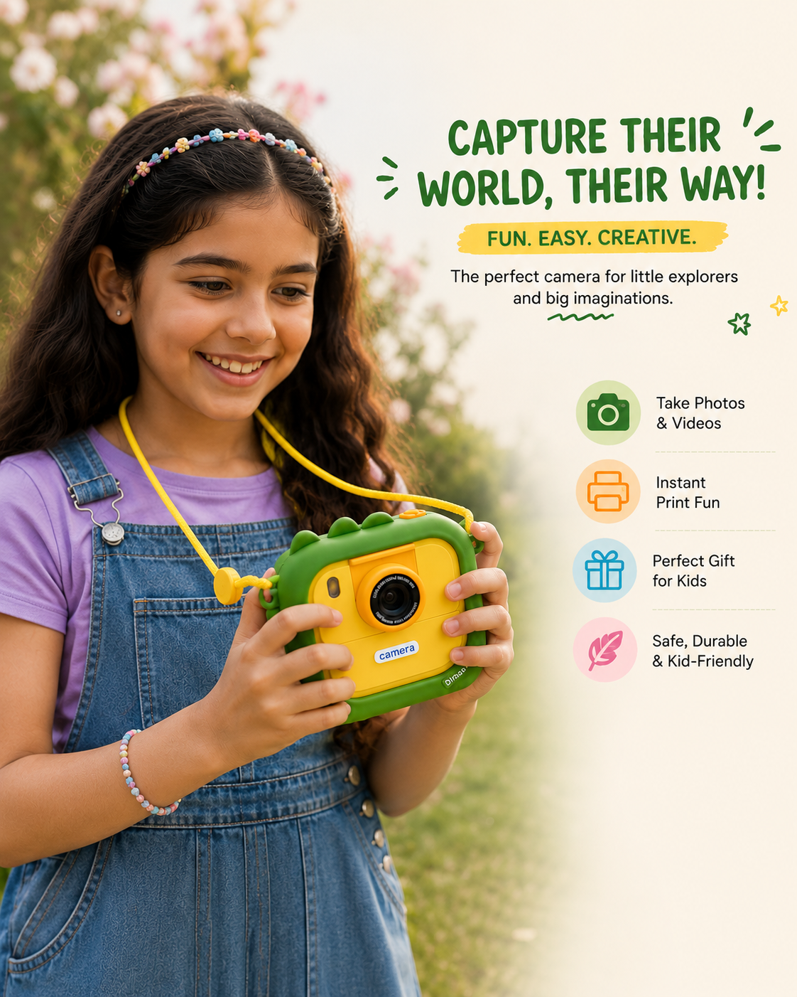 Kids Instant Print Camera with Selfie Mode | Colour Digital Camera for Children | Portable Photo Printer with Extra Paper Rolls & Hanging Strap | Rechargeable Toy Camera (3+)