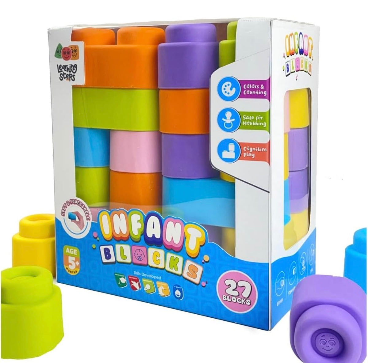 Learning Steps Infant Blocks – Soft & Squeezable Building Blocks for Babies, Safe for Mouthing, Stacking Toy for Colours & Counting | Baby's First Building Blocks | Age 5 Months+ (12 / 18 / 27 / 36 Blocks)