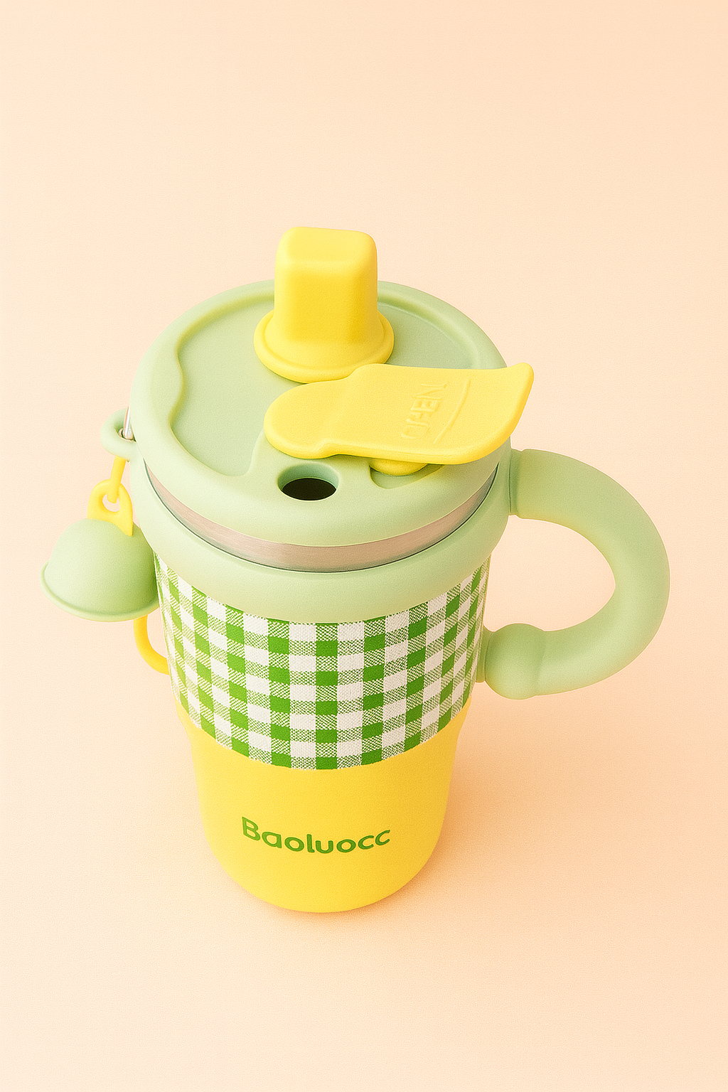 Baoluocc Kids Sipper Bottle with Handle | Cute Gingham Design, Spill-Proof Lid, Straw Spout & Bell Charm | Insulated, BPA-Free Water Bottle for School & Travel