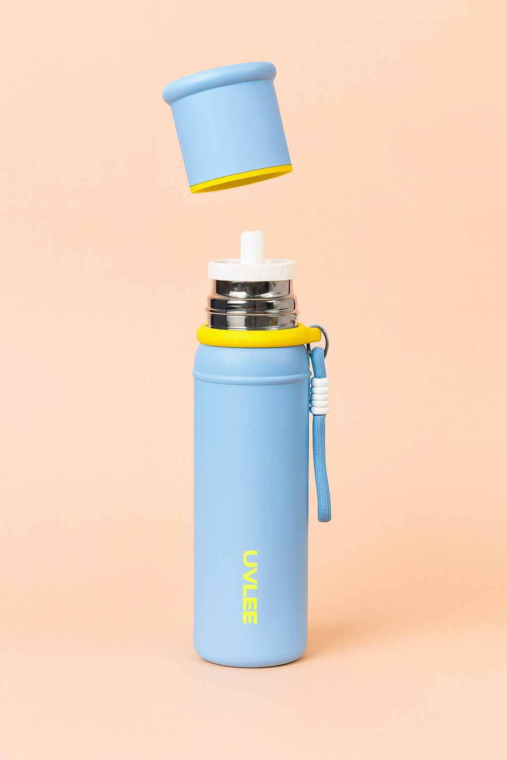 UVLEE Stainless Steel Insulated Water Bottle | 24-Hour Hot & Cold Hydration with Soft Carry Loop | Matte Blue Travel Bottle for Office & Gym