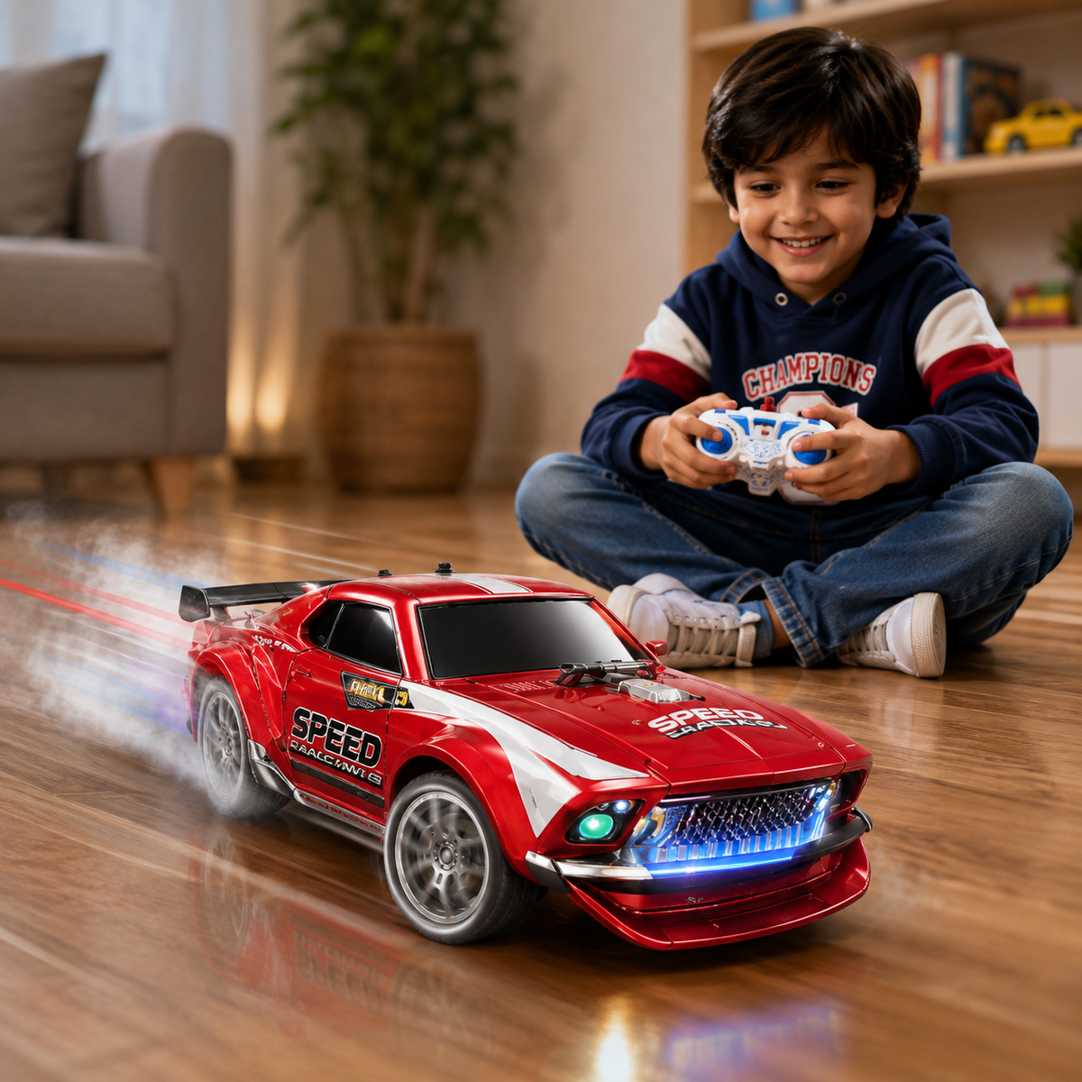 Xuanqi 1:16 Remote Control Car for Kids – 2.4GHz RC Muscle Racing Car with Spray Mist Exhaust, LED Lights, Rubber Tyres & Shock Absorbers | Rechargeable High-Speed Drift Car | Gift for Boys 6+ Years