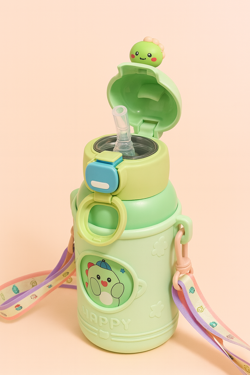 Happy Bunny Kids Water Bottle with Carry Strap | Spill-Proof Flip-Lid Bottle with 3D Bunny Cap & Insulated Body | Cute Cartoon Drinking Bottle for School, Travel & Outdoor Play (Peach Pink)