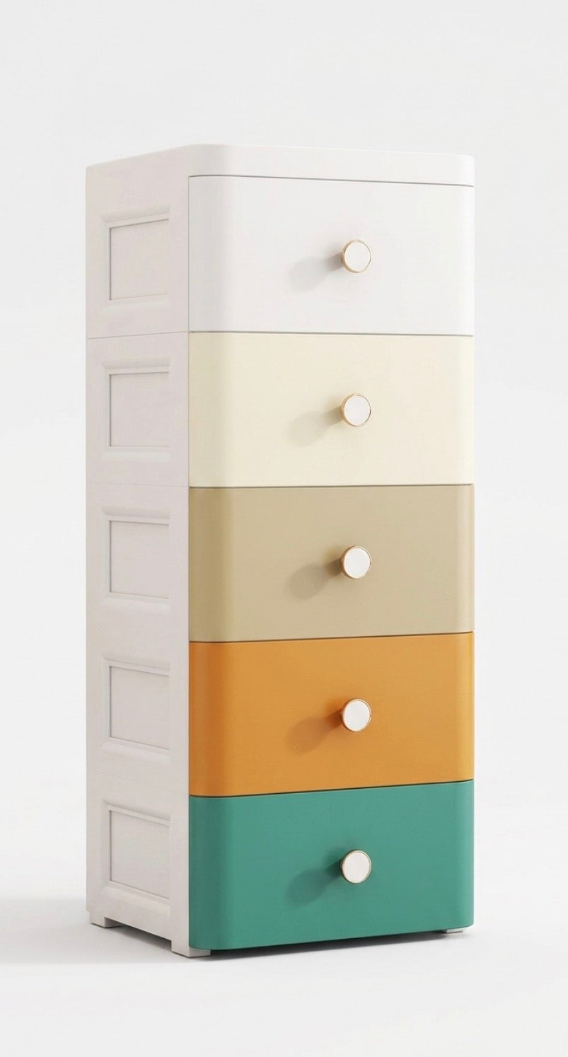 Kuddlenest - 5 Drawer Kids Storage Cabinet – Multicolour Plastic Chest of Drawers for Children’s Room | Stackable Organiser for Toys, Clothes & Stationery | Gold Knobs | Easy Assembly | Home & Nursery Storage